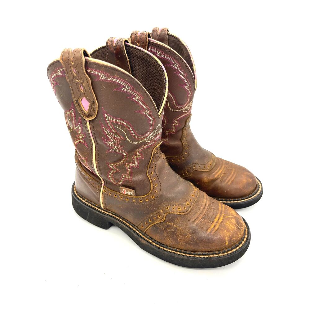 Justin Gypsy L9903 Girls Brown w/ Pink Trim Cowboy Western Boots Size 6